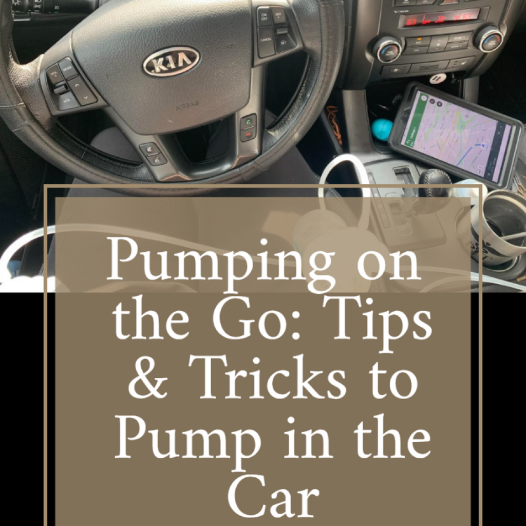 Pumping on the Go: Tips and Tricks to Pump in the Car. Photo of the interior of a car with a breast pump, GPS, Coffee Cup