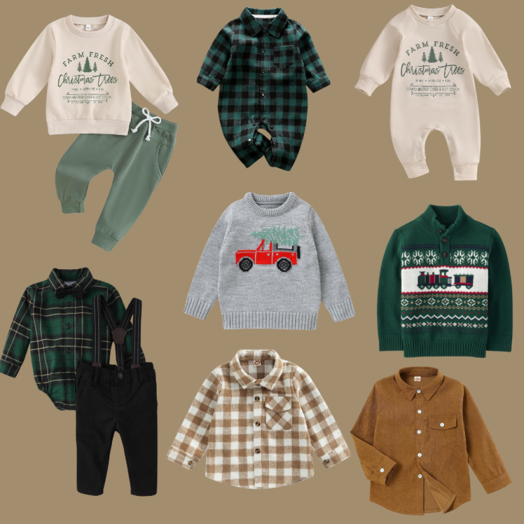 Clothing items from amazon.com that would be adorable for little boy and baby boy Christmas outfits including plaid shirts, flannel shirts, corduroy shirts, sweaters and sweat sets perfect for baby and toddler boy outfits for Christmas