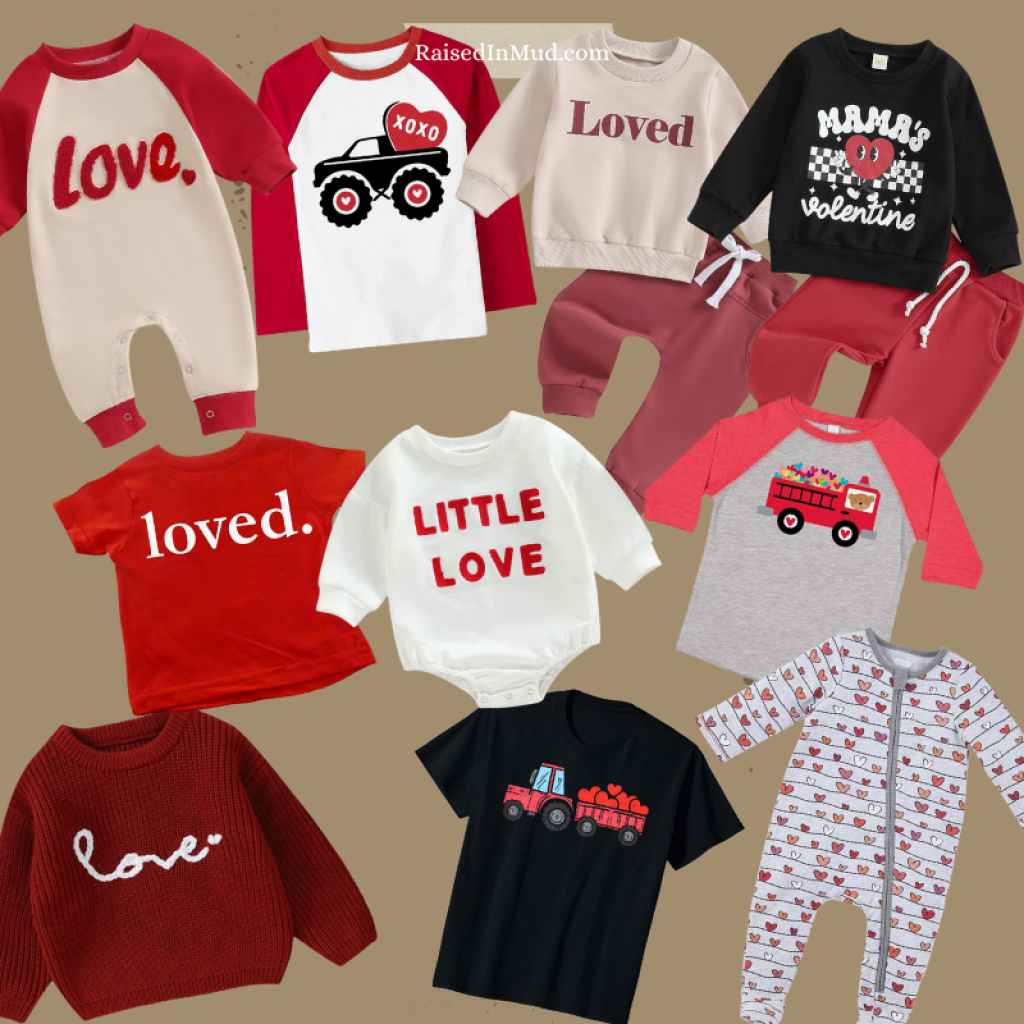 Options for Valentine's Day outfits for baby and toddler boys from Amazon. Boys shirts, rompers and sweatsuits with decor for the holiday